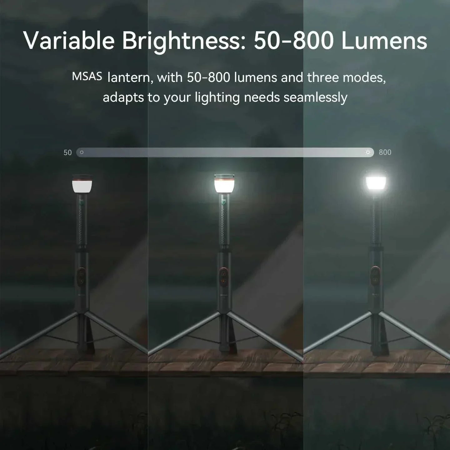 Multi-functional camping light with adjustable brightness from 50 to 800 lumens on a tripod stand