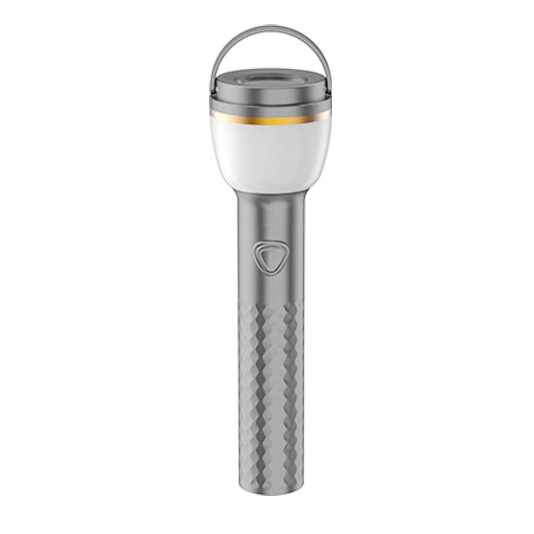 Multi-functional camping light with LED flashlight and hanging handle in gray and white design