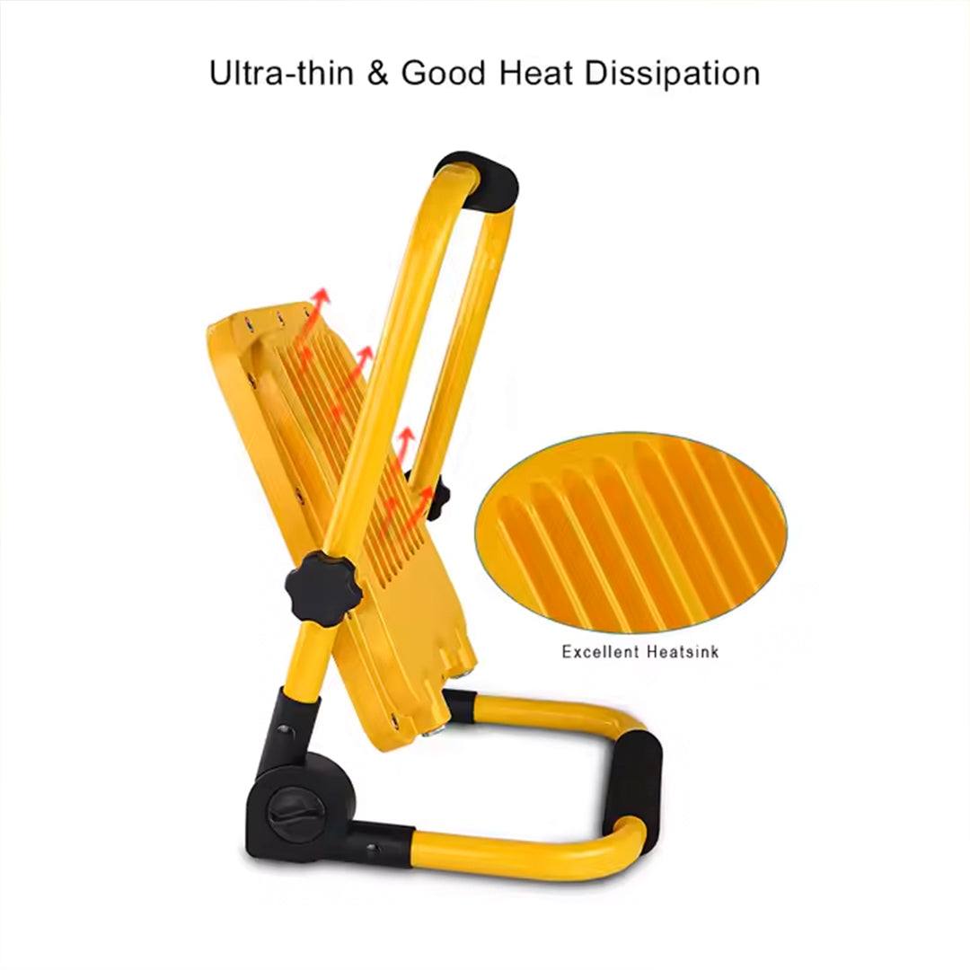 Yellow portable solar work light with foldable stand and heat dissipation features