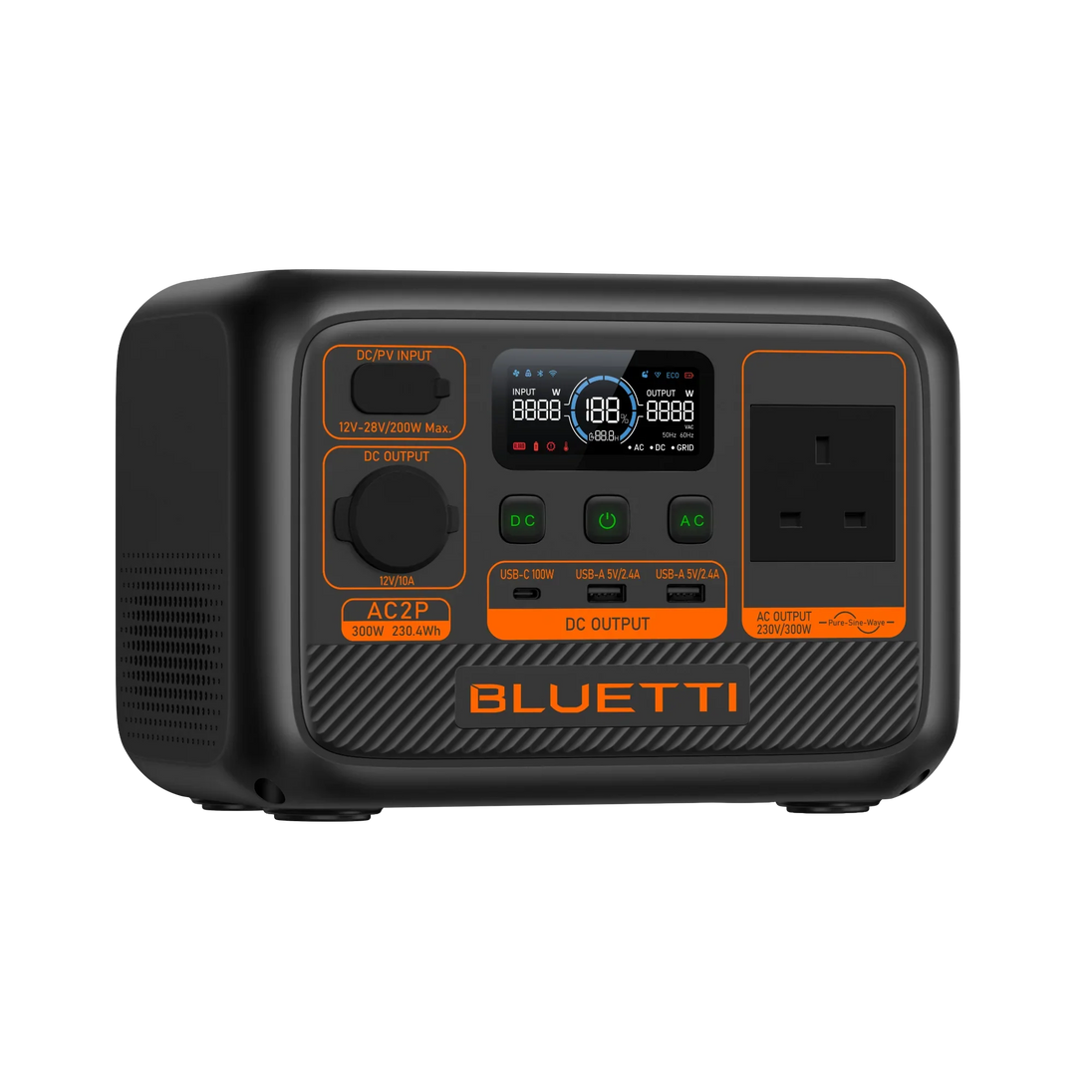 BLUETTI AC2P Portable Power Station 300W 230Wh compact black power station with multiple output ports and digital display