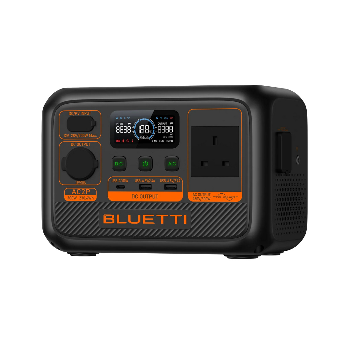 BLUETTI AC2P Portable Power Station 300W 230Wh compact unit with AC, USB-C, and USB-A ports and digital display