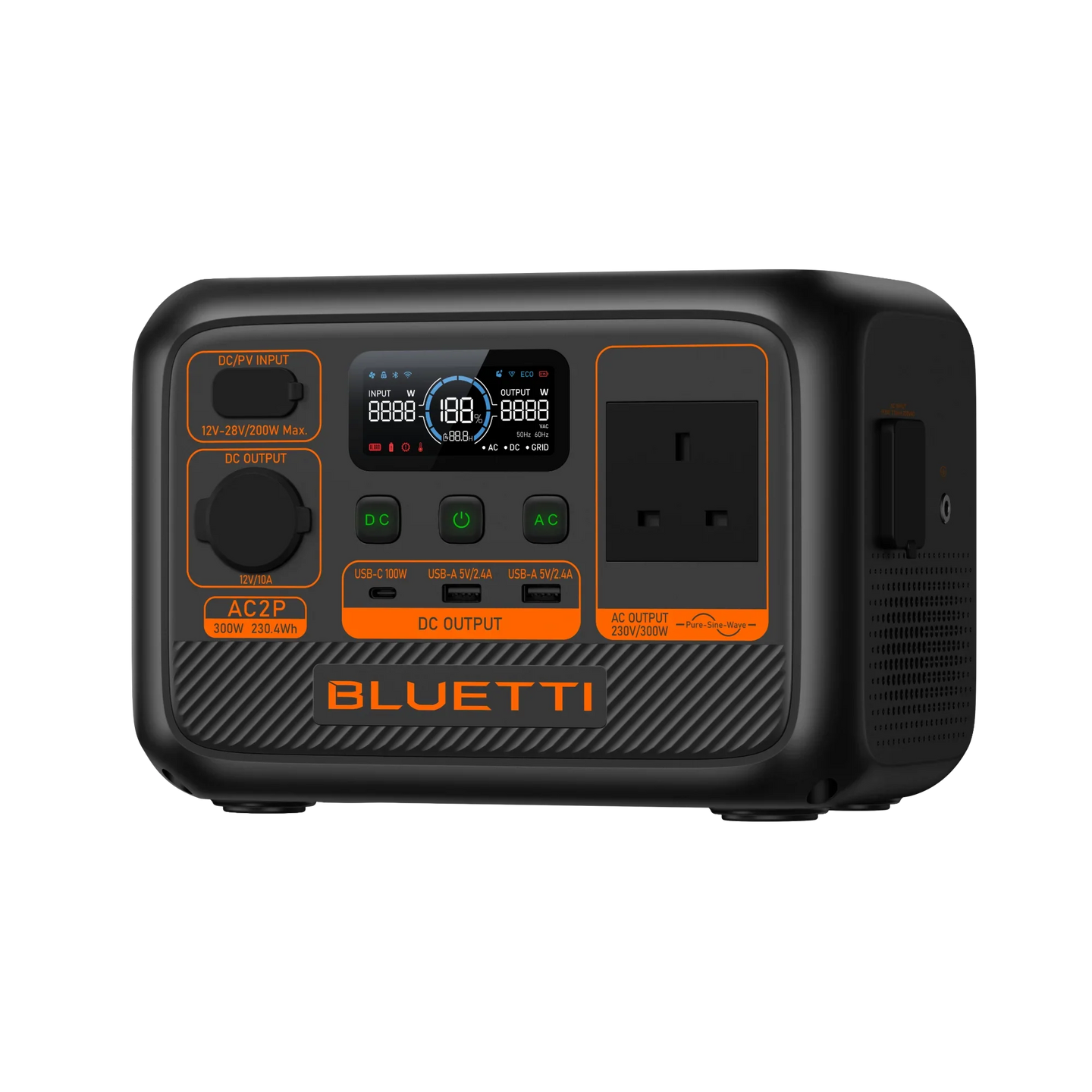 BLUETTI AC2P Portable Power Station 300W 230Wh compact unit with AC, USB-C, and USB-A ports and digital display