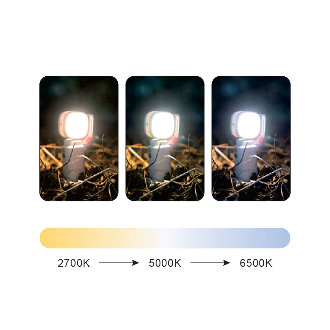 Multi-functional camping light showing adjustable color temperatures from warm 2700K to cool 6500K for versatile outdoor illumination