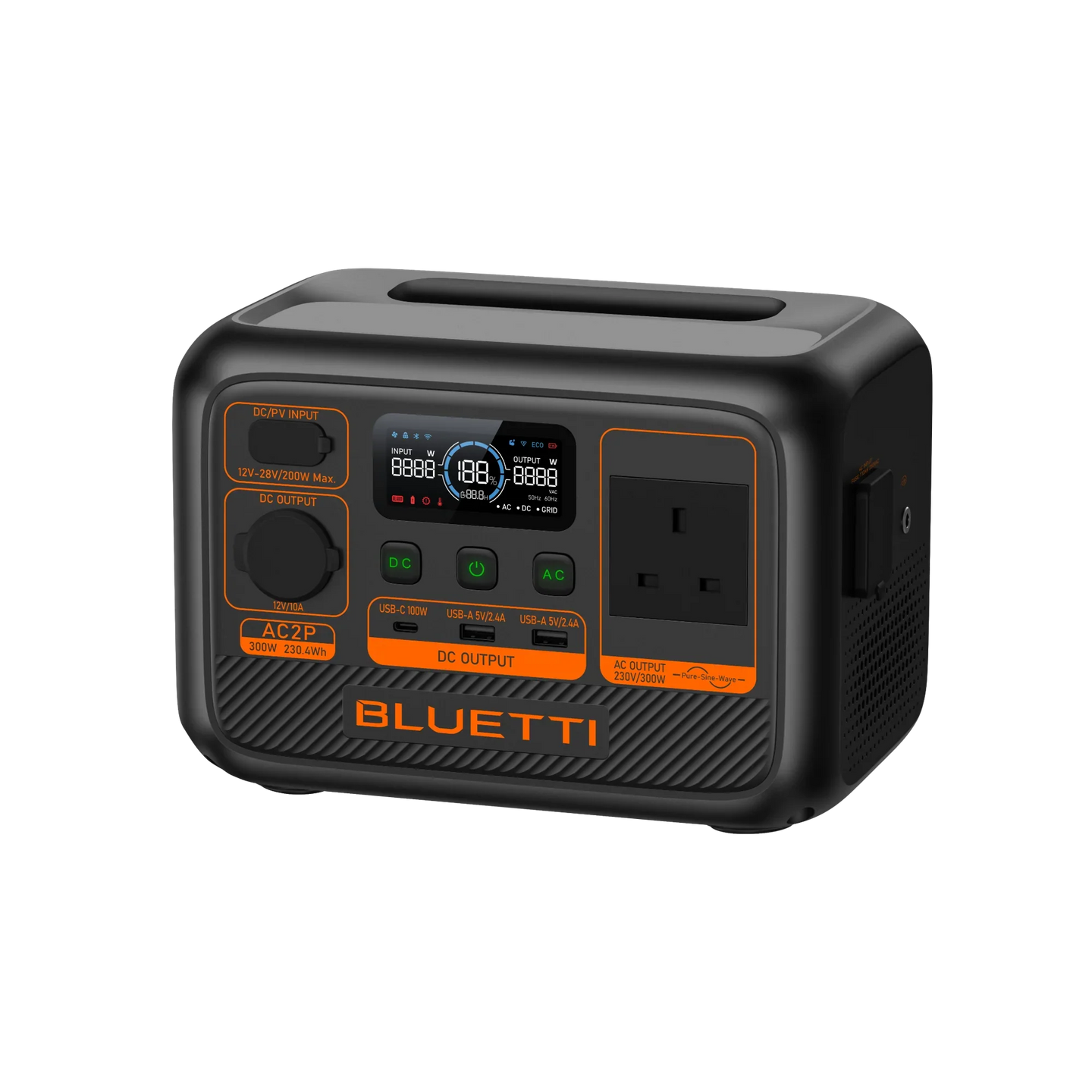 BLUETTI AC2P Portable Power Station 300W 230Wh compact black unit with AC outlet, USB ports, digital display, and ergonomic handle.