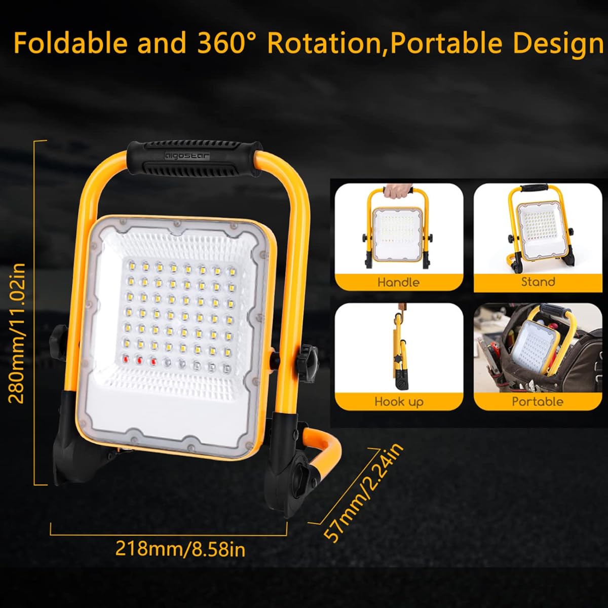 Portable solar work light with foldable design, 50W LED, rechargeable, waterproof, adjustable handle and stand, suitable for outdoor and garage use.