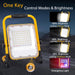 Portable solar work light with adjustable brightness and emergency mode, rechargeable lithium-ion battery, waterproof design, yellow frame