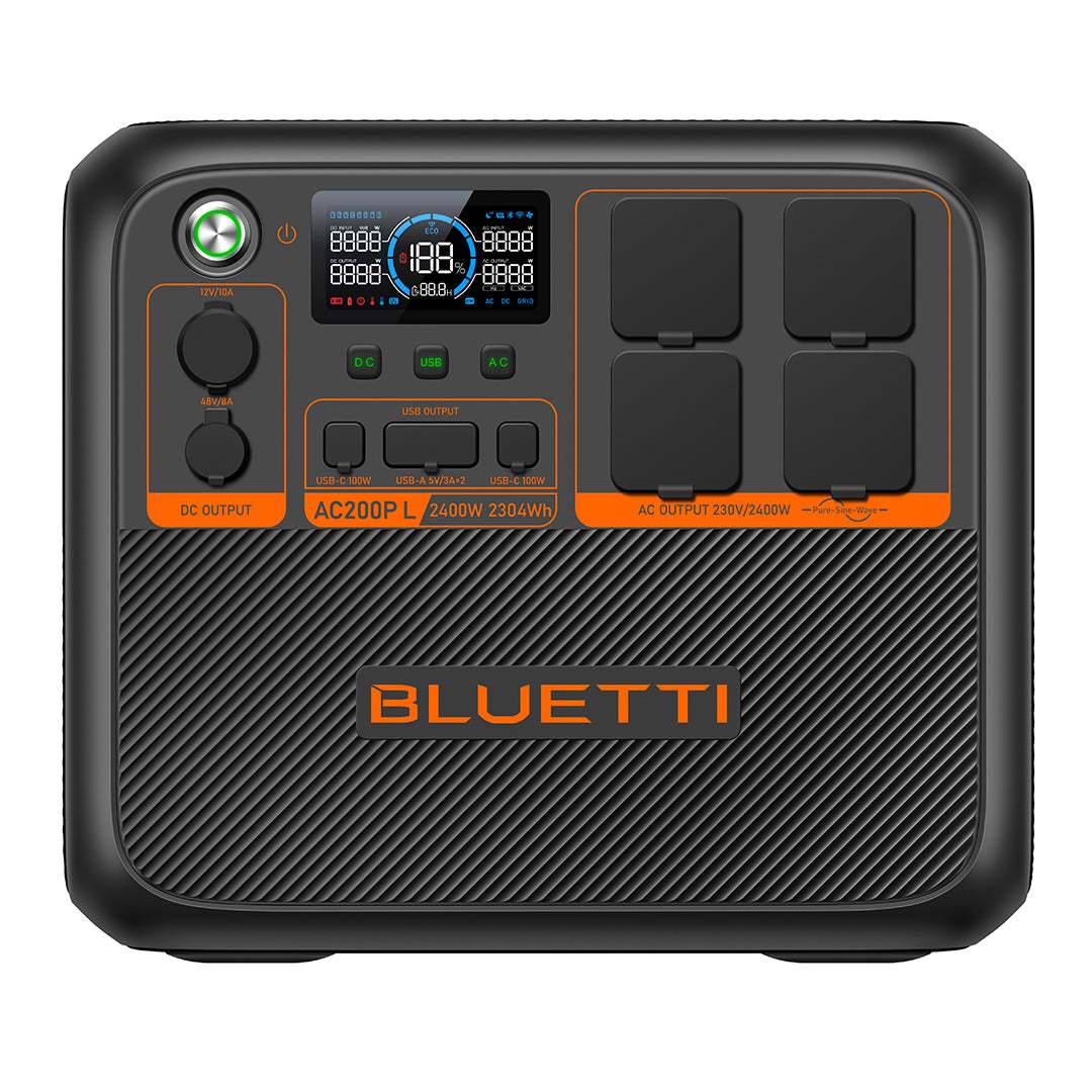 BLUETTI AC200P L Expandable Power Station with 2,400W power, 2,304Wh capacity, multiple AC and USB outputs, compact black and orange design.