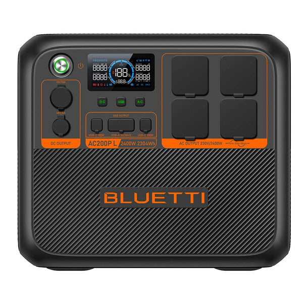 BLUETTI AC200P L Expandable Power Station with 2,400W power, 2,304Wh capacity, multiple AC and USB outputs, compact black and orange design.