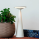 Bama cordless white LED rechargeable table lamp with touch dimming and modern design next to a plant and decorative box