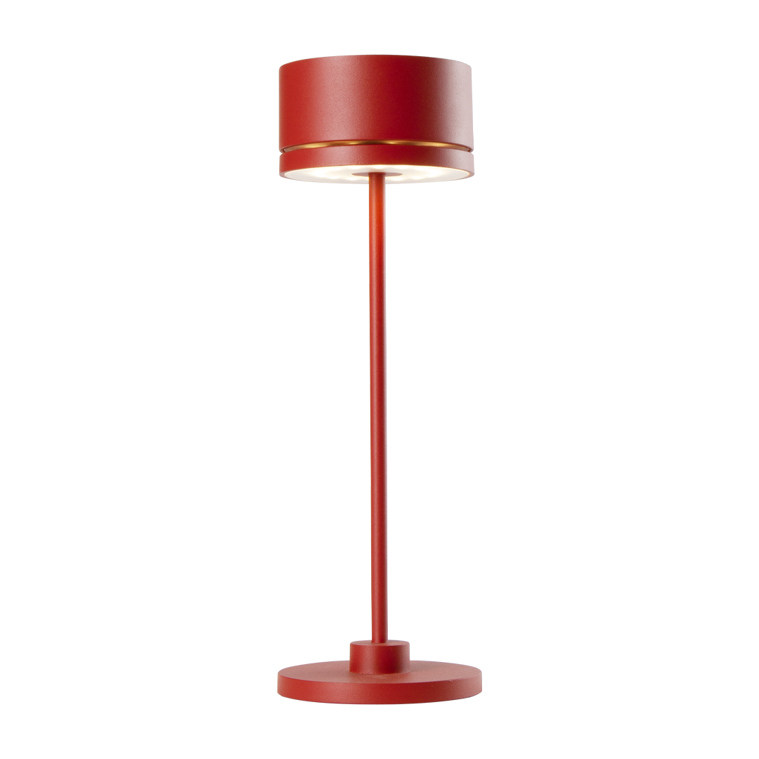 Duplo cordless red LED rechargeable table lamp with touch dimming and modern design
