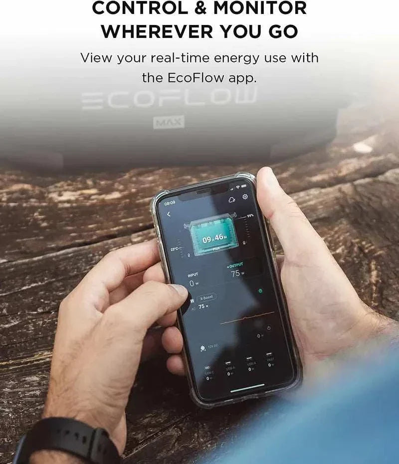EcoFlow DELTA MAX app control for real-time energy monitoring on smartphone outdoors