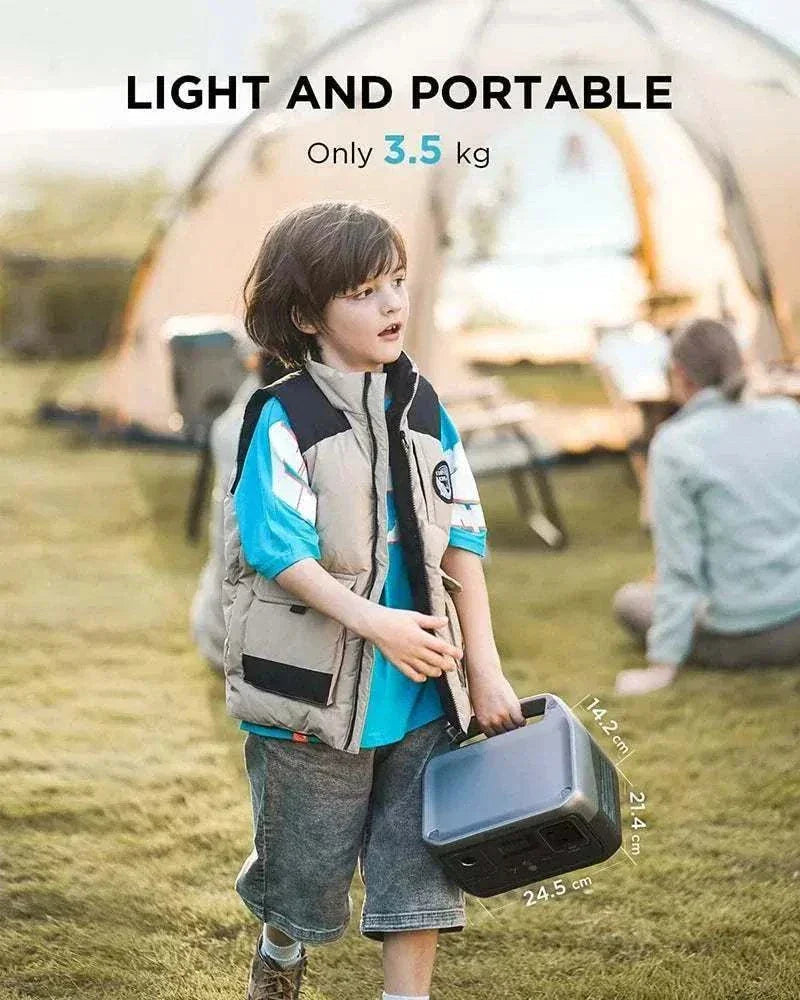 EcoFlow RIVER 2 portable power station being carried by a child outdoors, highlighting its lightweight 3.5 kg and compact size.