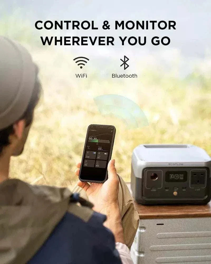 EcoFlow RIVER 2 portable power station with WiFi and Bluetooth app control for remote monitoring