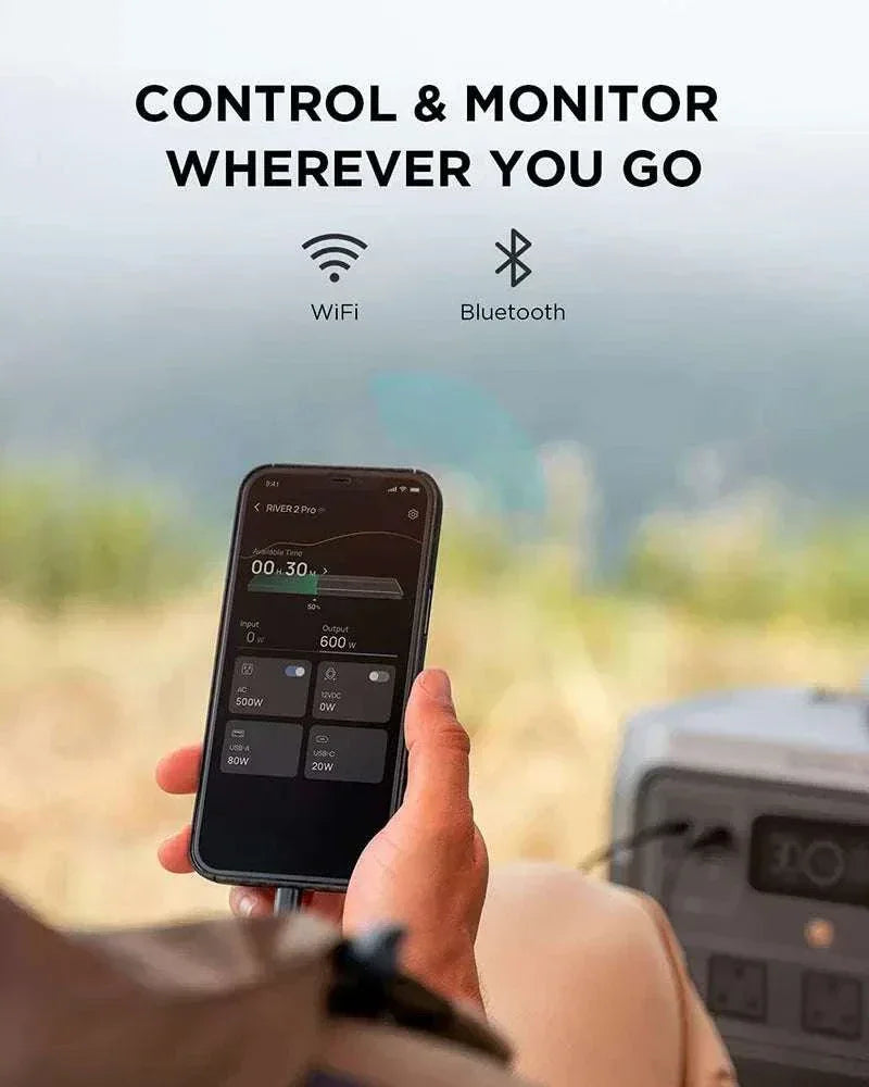 EcoFlow RIVER 2 Pro portable power station controlled via smartphone app with Wi-Fi and Bluetooth connectivity