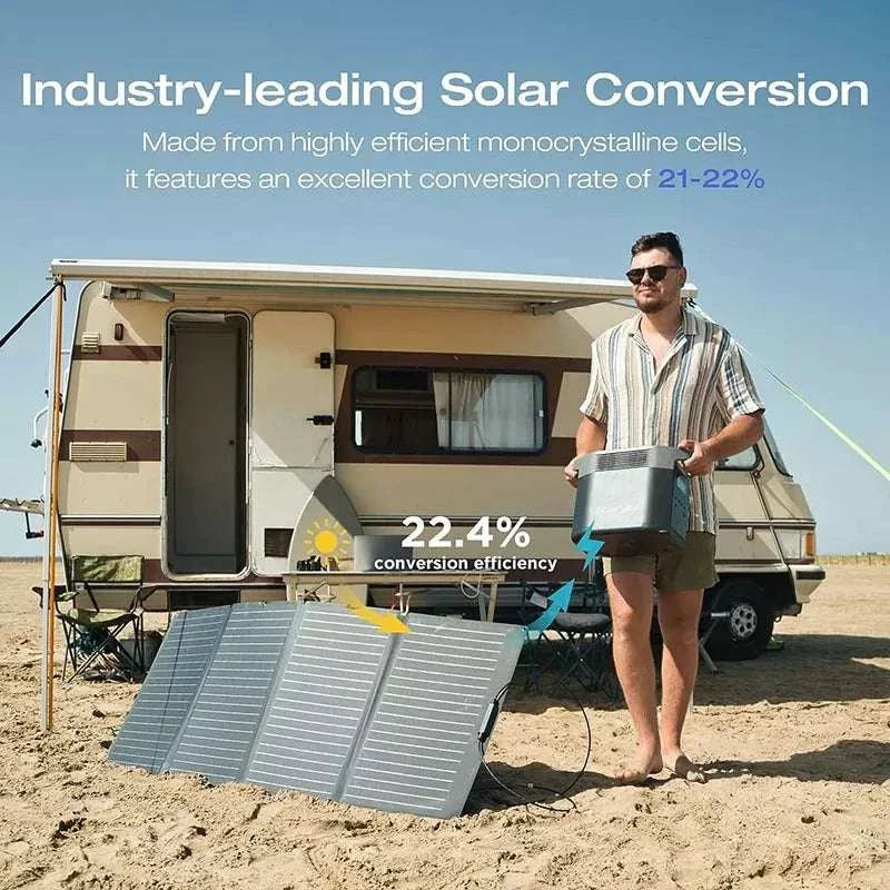 EcoFlow 160W portable solar panel with 22.4% conversion efficiency, folding design, and IP68 waterproof rating by an RV on a beach