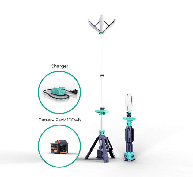 Portable petal tripod light TL-200P with adjustable height, 360-degree illumination, battery pack, and charger for versatile outdoor and industrial use