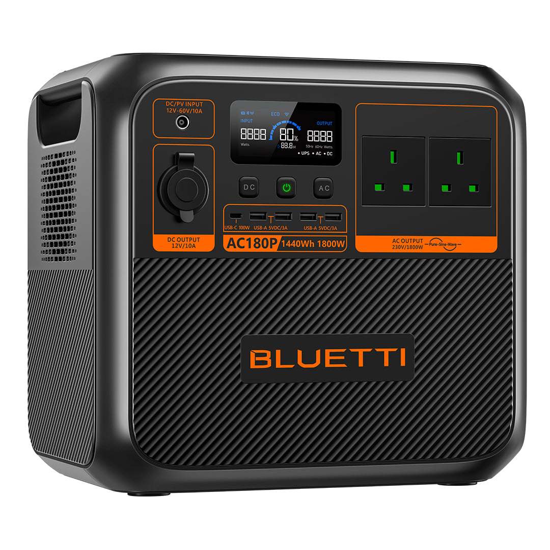 BLUETTI AC180P portable power station 1800W 1440Wh with AC outlets USB-C USB-A 12V DC and wireless charging pad compact battery generator