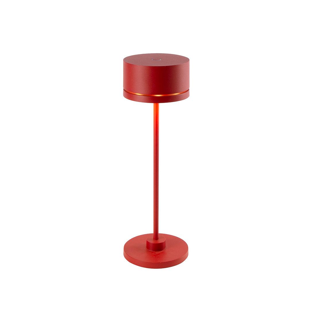 Red Duplo cordless table lamp with modern design, touch switch, and flexible dimming.