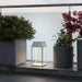 Handy solar rechargeable lantern illuminating outdoor patio space between potted plants