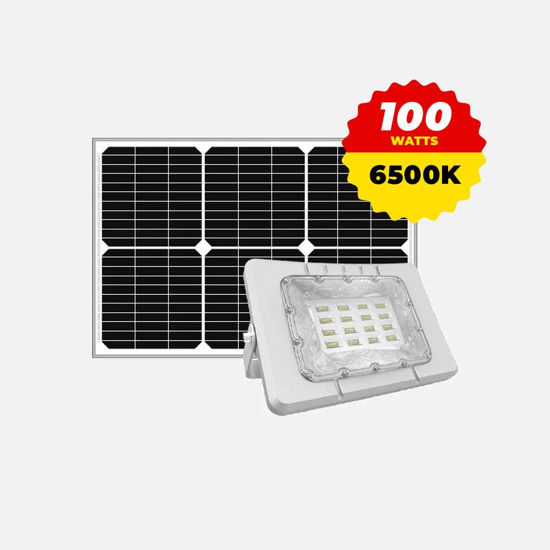 100W solar flood light with 6500K color temperature and integrated solar panel
