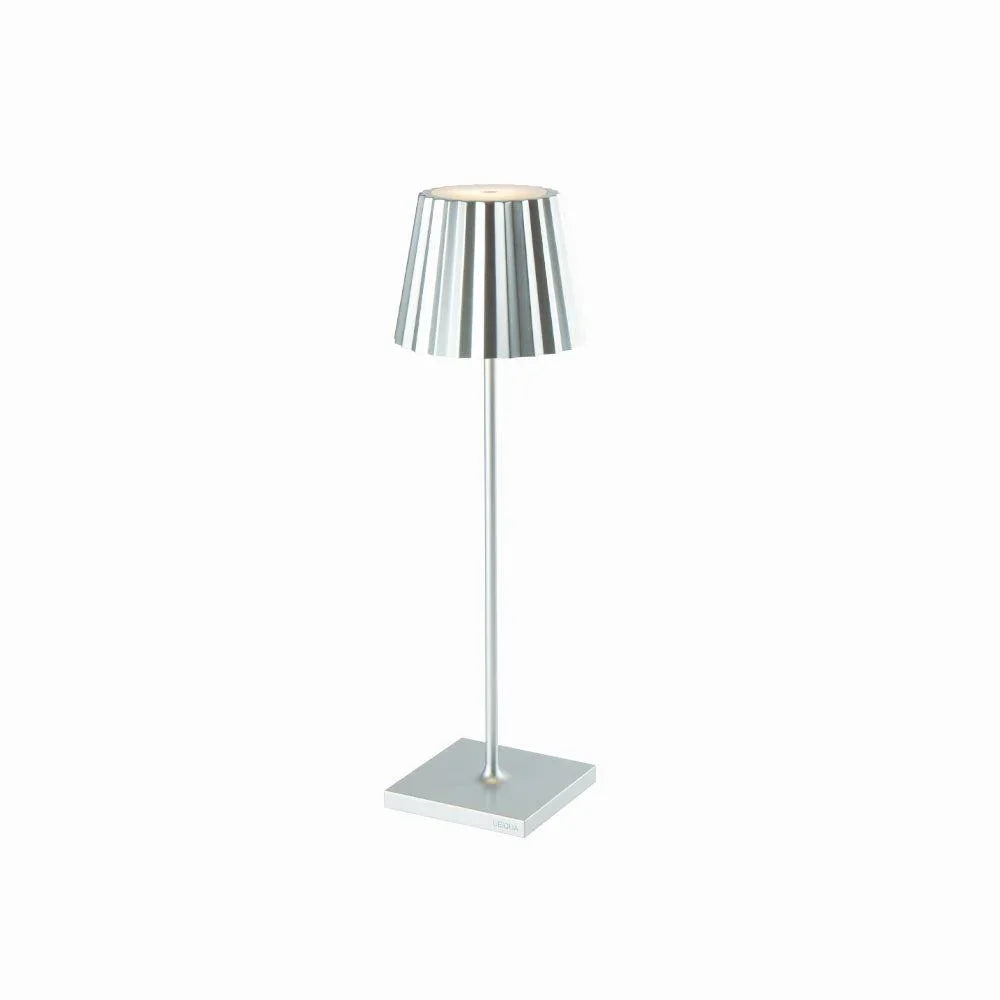 Plissé cordless sleek silver aluminum table lamp with frosted polycarbonate diffuser and touch dimming