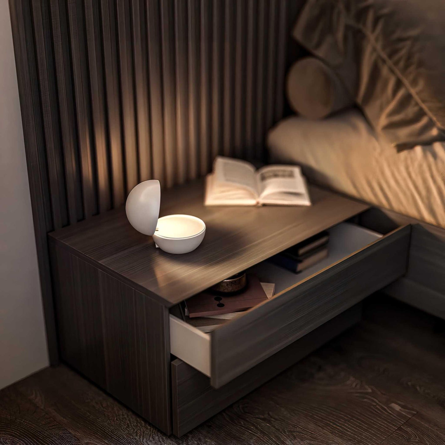 Goodnight cordless LED rechargeable table lamp with round ball design on bedside table emitting warm light