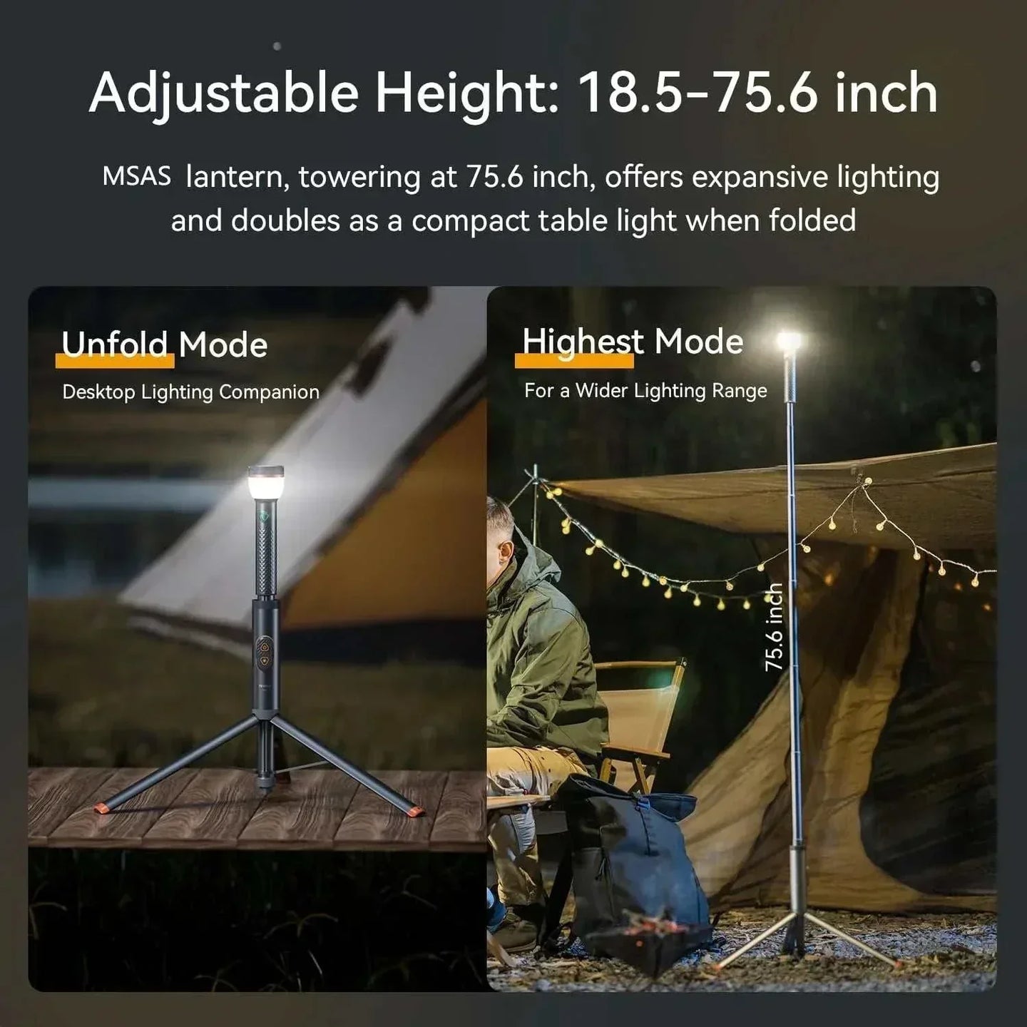 Multi-functional Camping Light with adjustable height tripod and bright LED for outdoor use