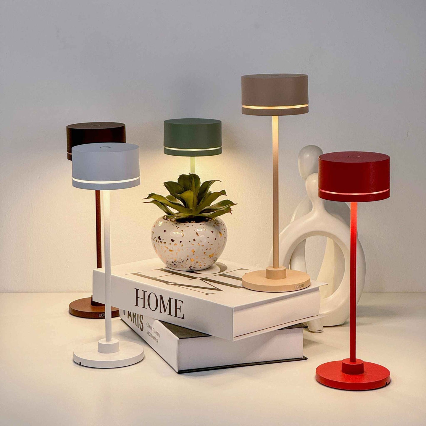 Duplo cordless LED table lamps in multiple colors with modern design, touch switch, and rechargeable battery