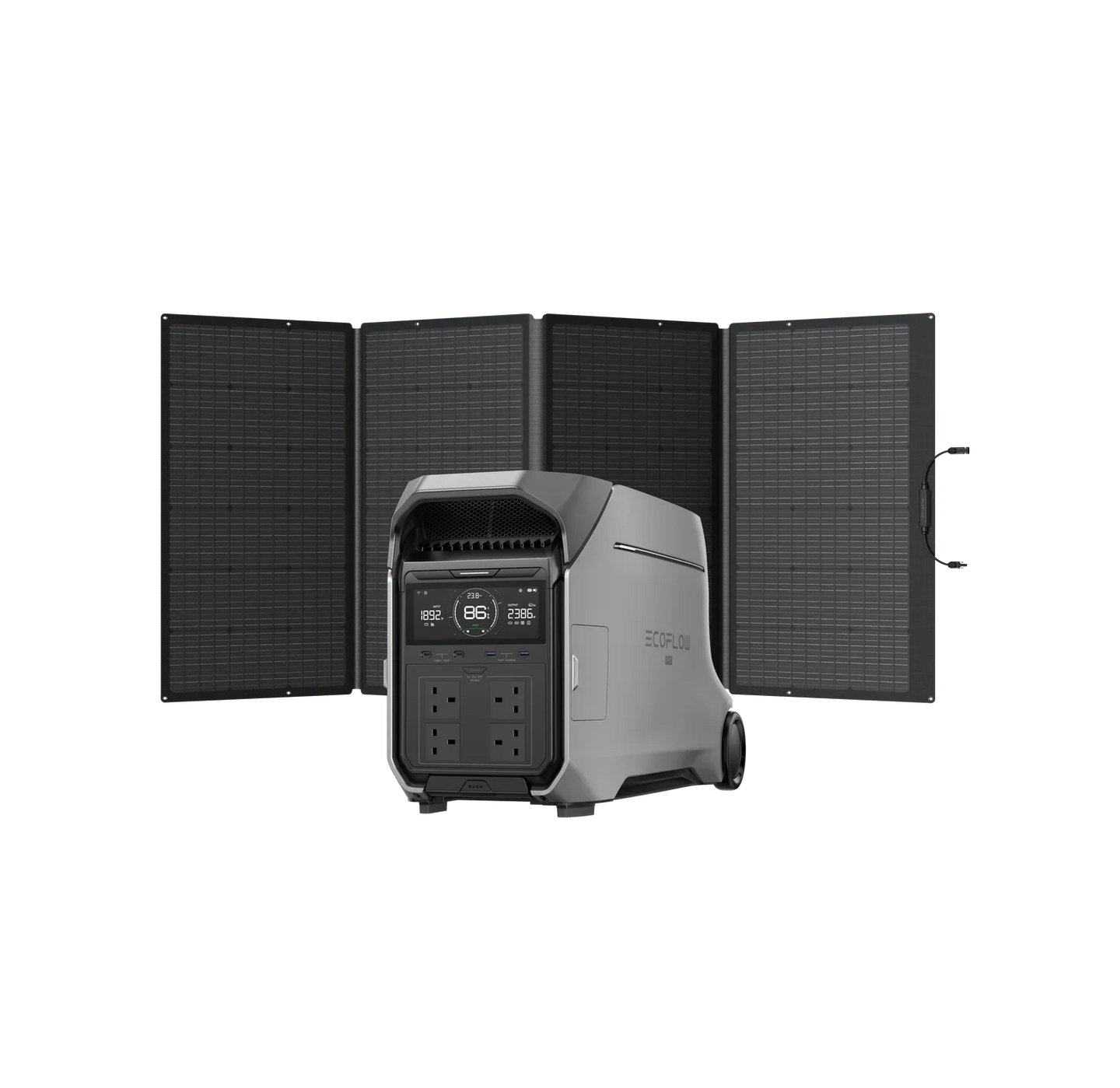 EcoFlow DELTA Pro portable power station with foldable solar panels and multiple outlets