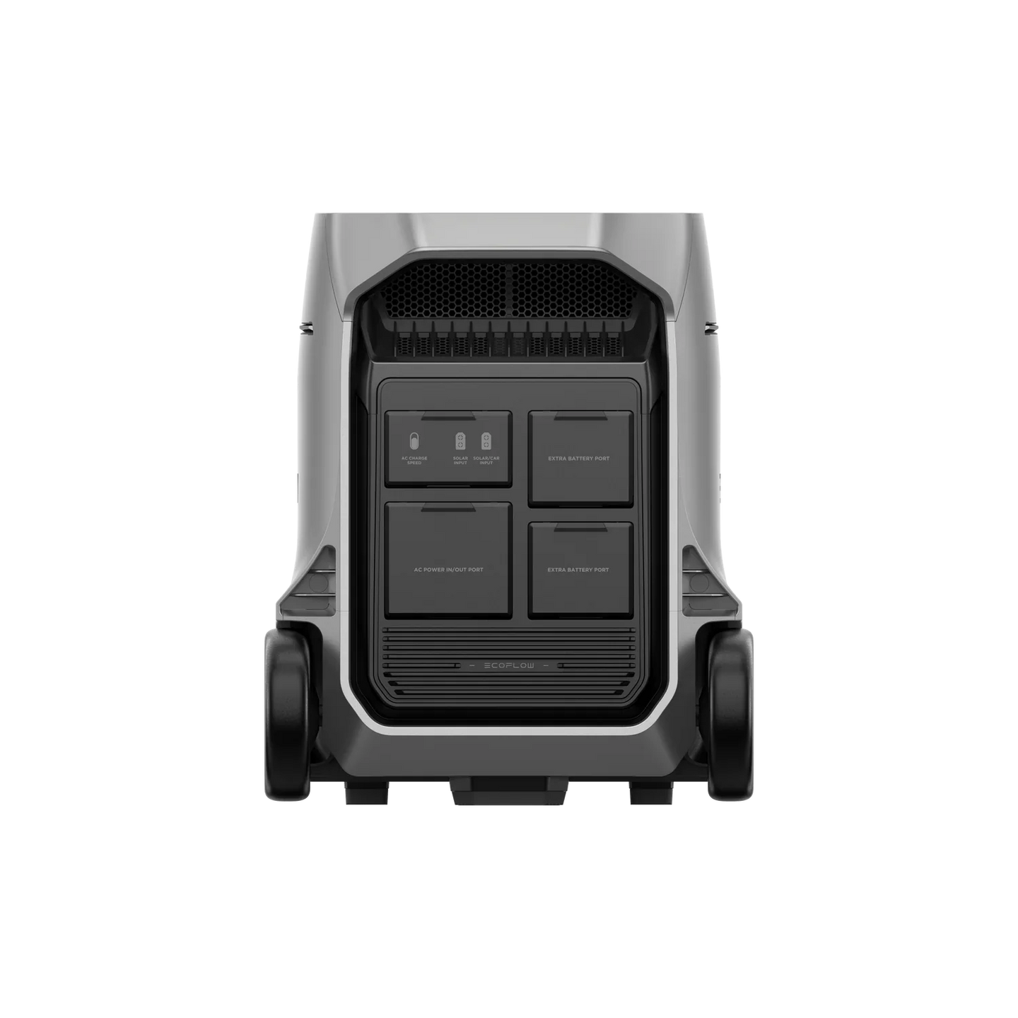 EcoFlow DELTA Pro portable power station front view with multiple ports and wheels
