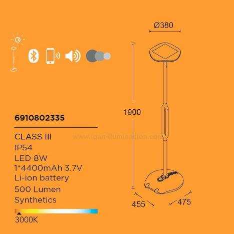 LUTEC Poppy solar LED floor lamp with Bluetooth speaker, IP54 waterproof, 8W warm white light, 12-hour battery life.