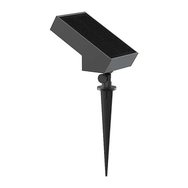 Black solar path light with adjustable solar panel and stake for garden illumination