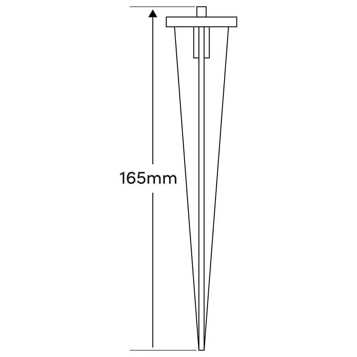 Diagram of solar path light stake measuring 165mm length for outdoor garden lighting installation