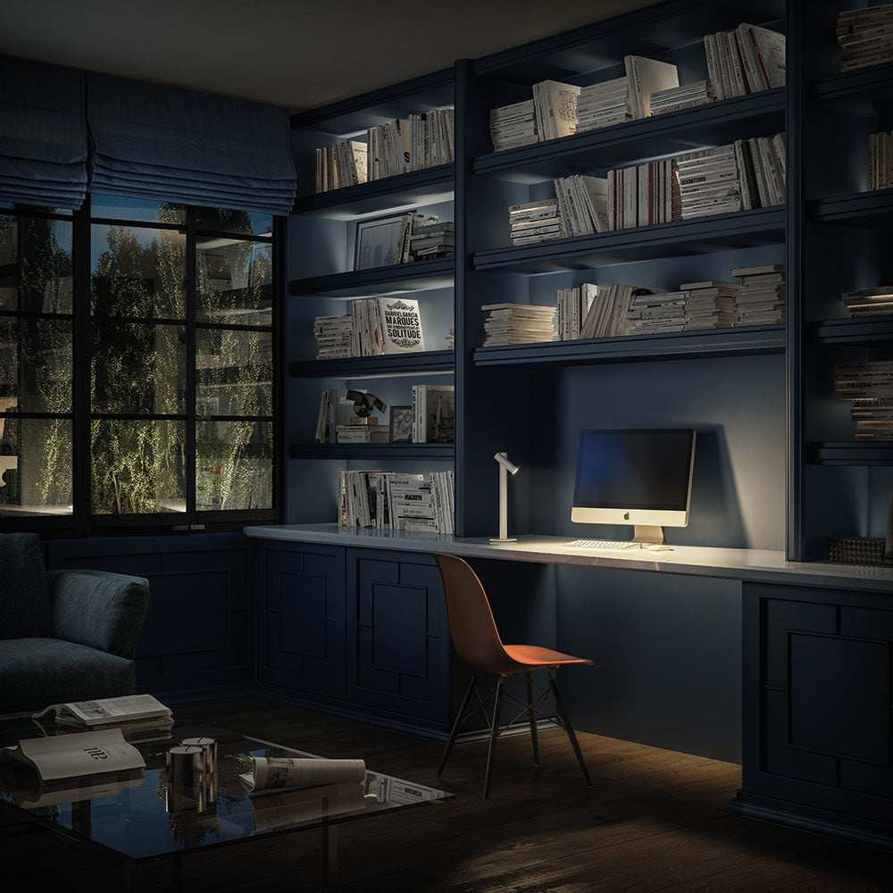 Zoom Desk cordless rechargeable LED lamp illuminating a modern study workspace at night