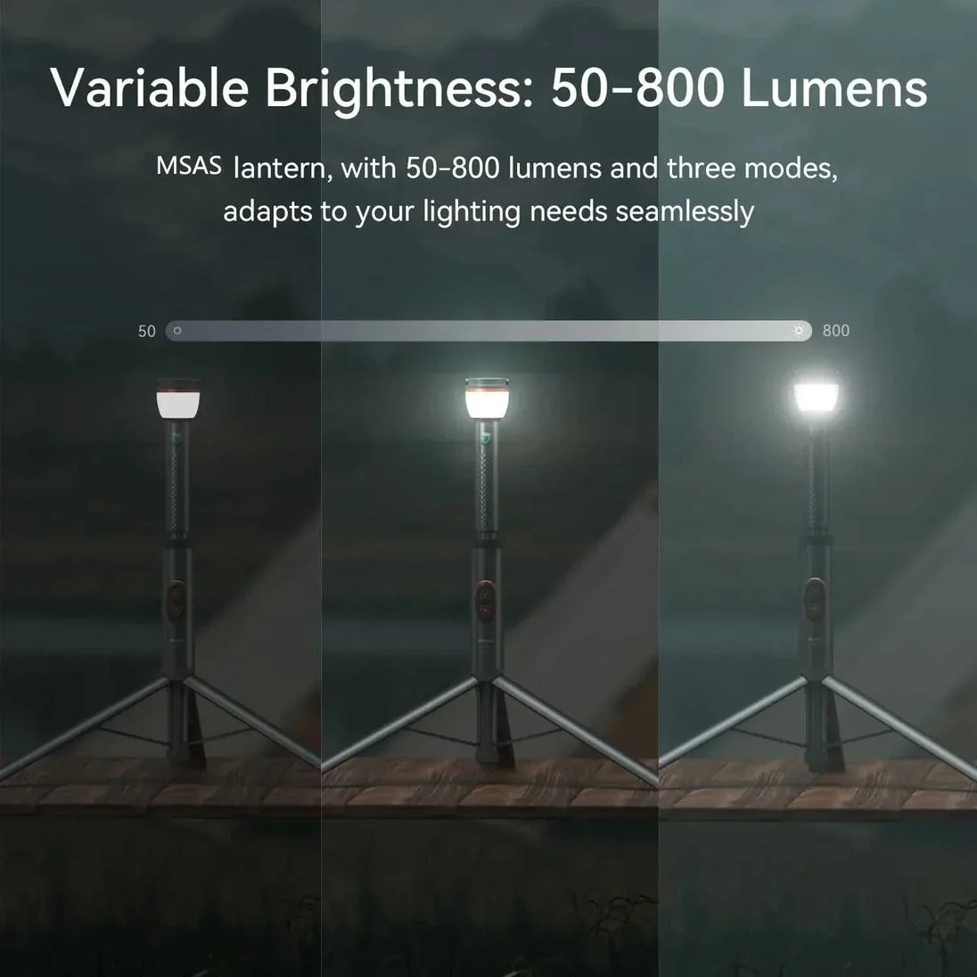 Multi-functional camping light with adjustable brightness from 50 to 800 lumens on a tripod stand
