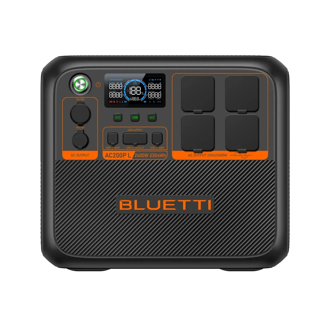 BLUETTI AC200P L expandable portable power station with 2,400W output, 2,304Wh capacity, multiple AC and USB ports, and digital display.