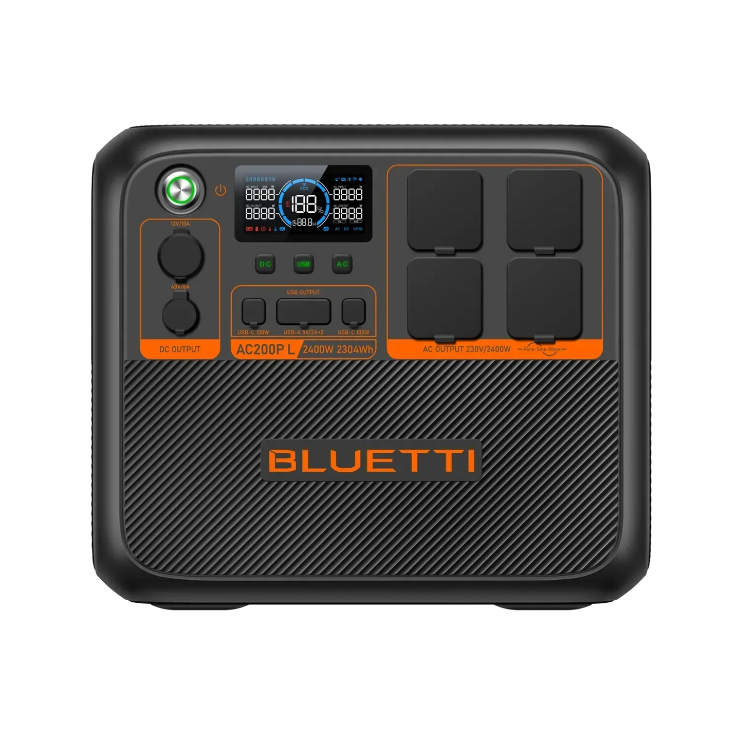 BLUETTI AC200P L expandable portable power station with 2,400W output, 2,304Wh capacity, multiple AC and USB ports, and digital display.