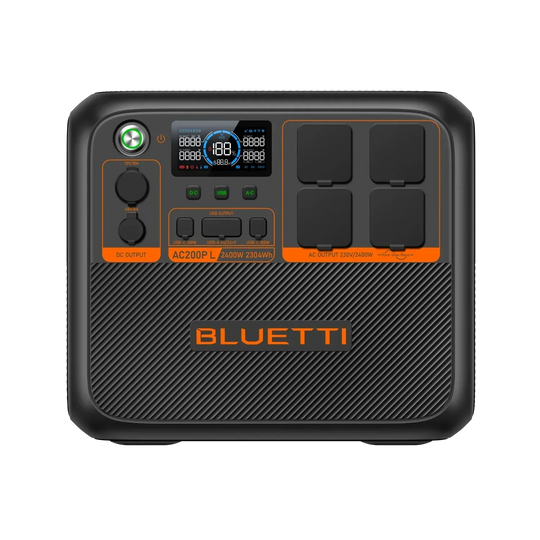BLUETTI AC200P L expandable portable power station with 2,400W output, 2,304Wh capacity, multiple AC and USB ports, and digital display.