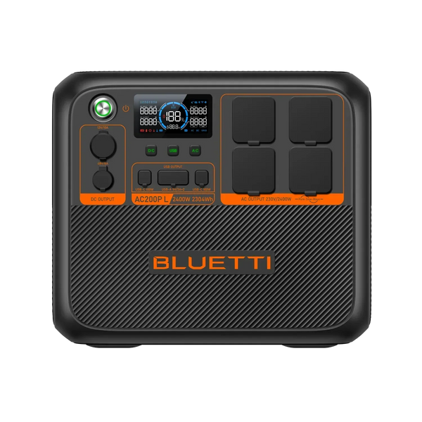 BLUETTI AC200P L expandable portable power station with 2,400W output, 2,304Wh capacity, multiple AC and USB ports, and digital display.