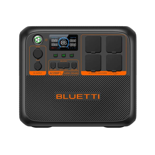 BLUETTI AC200P L expandable portable power station with 2,400W output, 2,304Wh capacity, multiple AC and USB ports, and digital display.