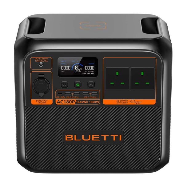 BLUETTI AC180P portable power station with 1,800W output and 1,440Wh capacity, compact design, multiple AC and USB ports, and digital display