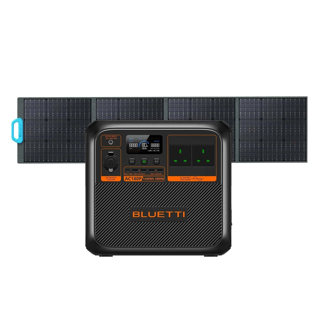 BLUETTI AC180P portable power station with solar panels, featuring 1,800W output and 1,440Wh LiFePO4 battery capacity.