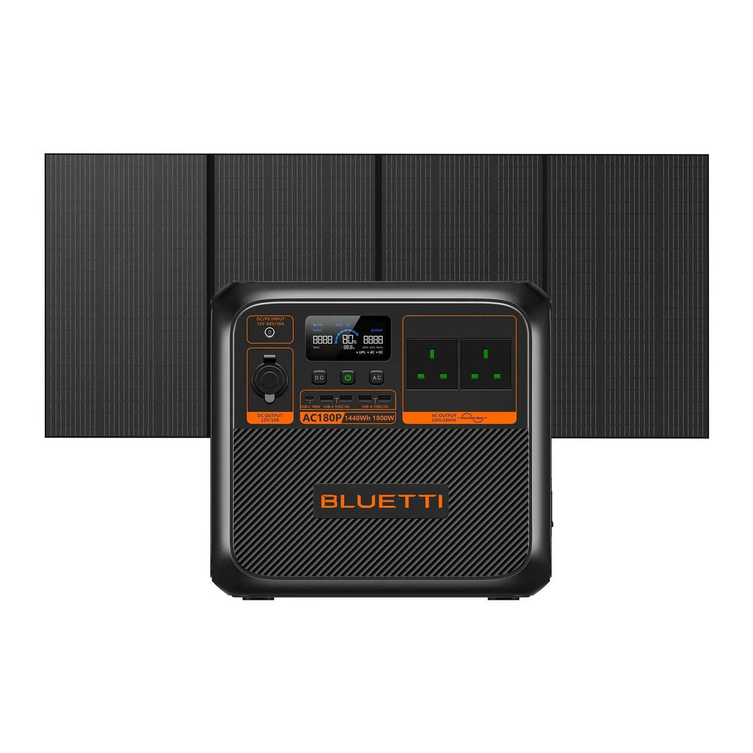 BLUETTI AC180P portable power station with solar panels, 1,800W output, 1,440Wh battery, multiple outlets, and compact design.