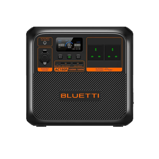 BLUETTI AC180P portable power station with 1,800W output and 1,440Wh LiFePO4 battery capacity.