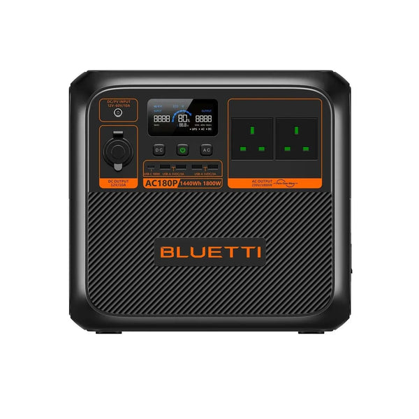 BLUETTI AC180P portable power station with 1,800W output and 1,440Wh LiFePO4 battery capacity.