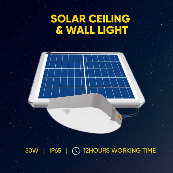 Solar Ceiling & Wall Light 50W with 12-hour working time and IP65 rating.