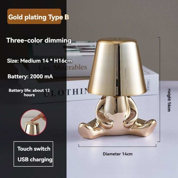 Little Golden Man Table Lamp with gold plating, three-color dimming, touch switch, USB charging, 16cm height and 14cm diameter