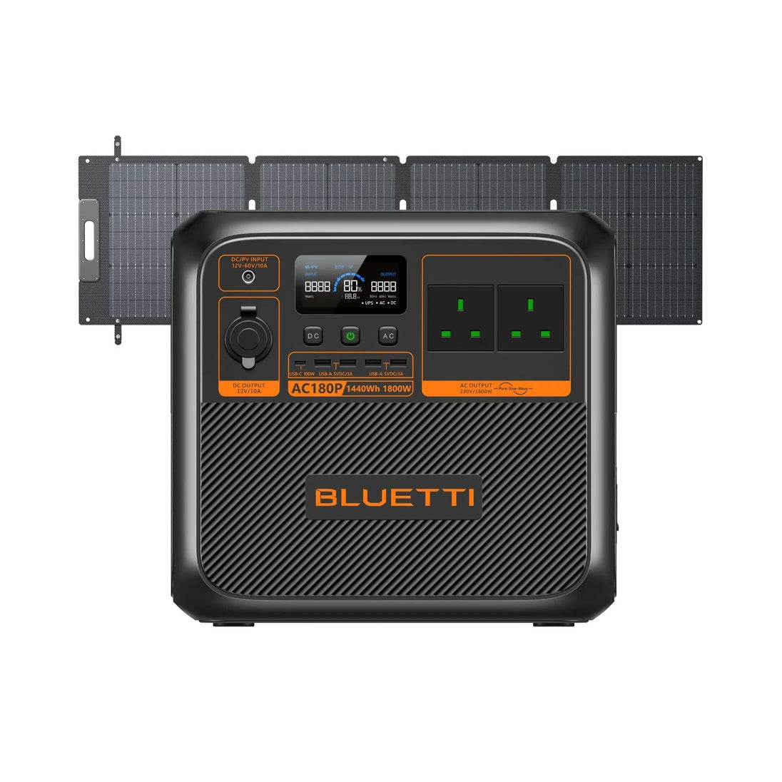 BLUETTI AC180P portable power station with 1,800W output, 1,440Wh LiFePO4 battery, multiple AC and USB ports, and foldable solar panel.