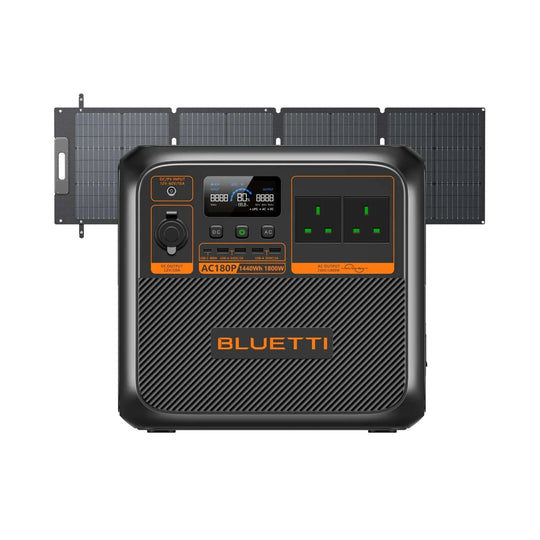 BLUETTI AC180P portable power station with 1,800W output, 1,440Wh LiFePO4 battery, multiple AC and USB ports, and foldable solar panel.