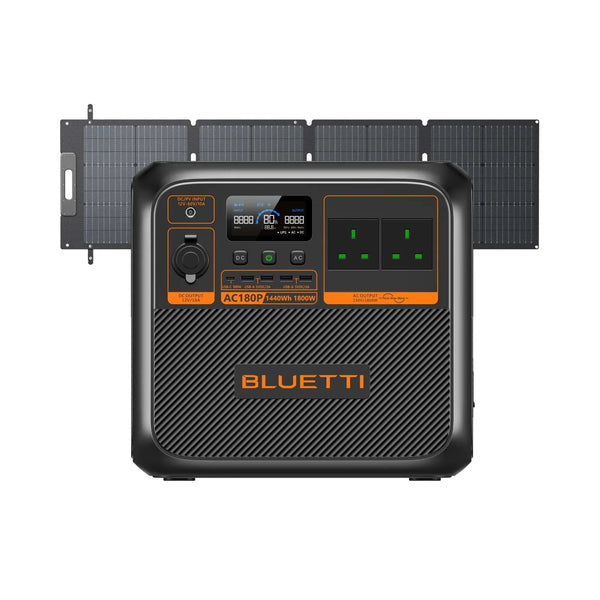 BLUETTI AC180P portable power station with 1,800W output, 1,440Wh LiFePO4 battery, multiple AC and USB ports, and foldable solar panel.